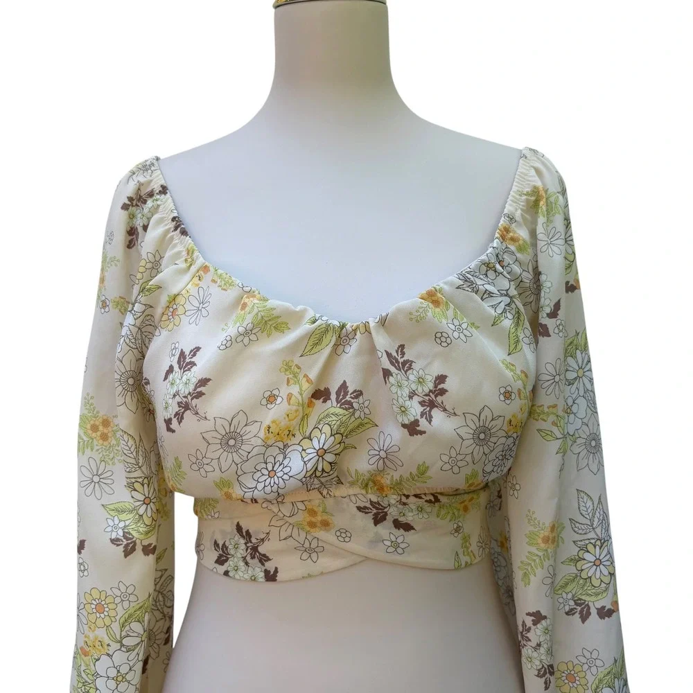 Madden NYC Floral Crop Top XL Yellow Retro Tie Back Long Sleeve Boho Festival - Picture 3 of 10